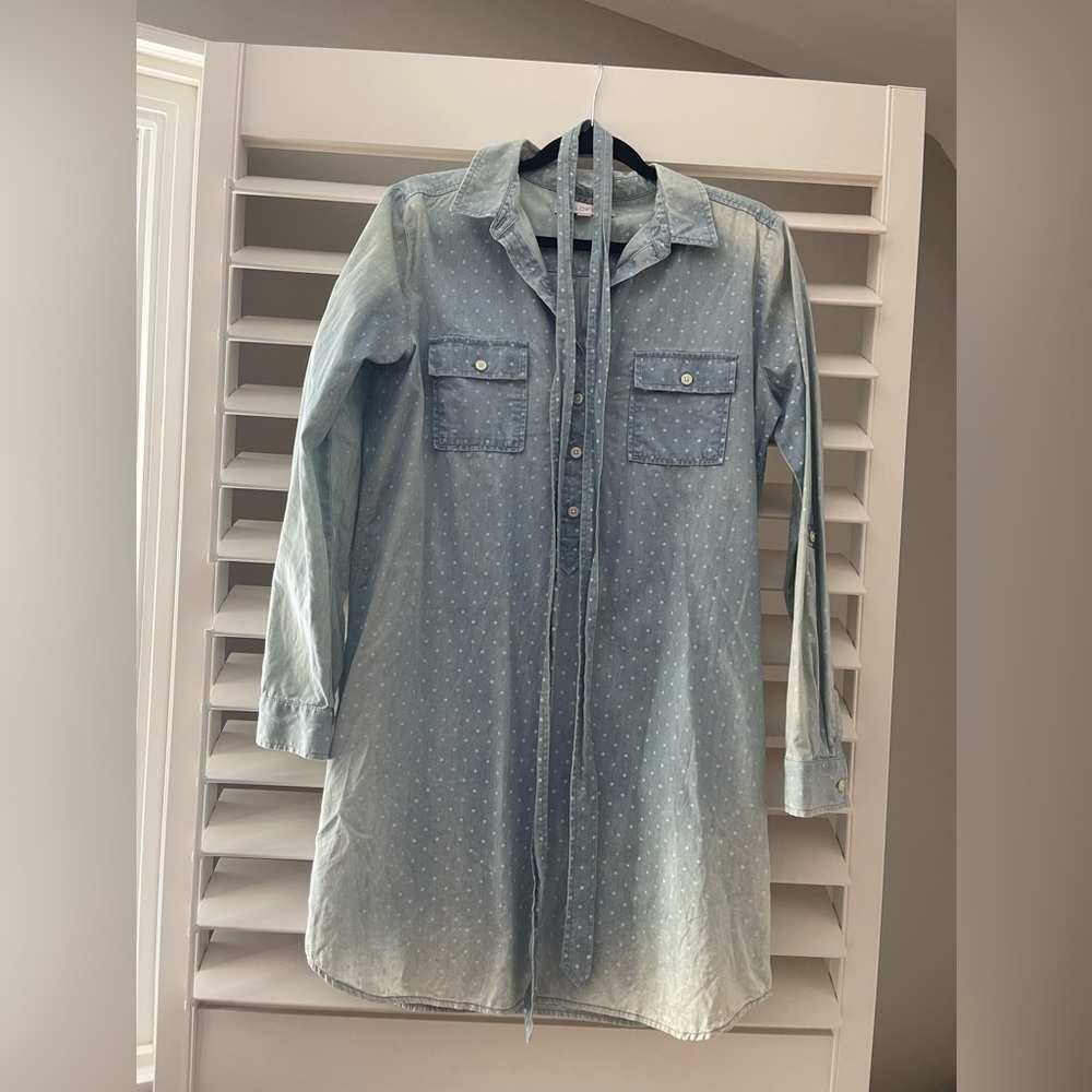 Ann TAYLOR Loft Denim Shirt Dress Mini Length long sleeve Dot print Size m